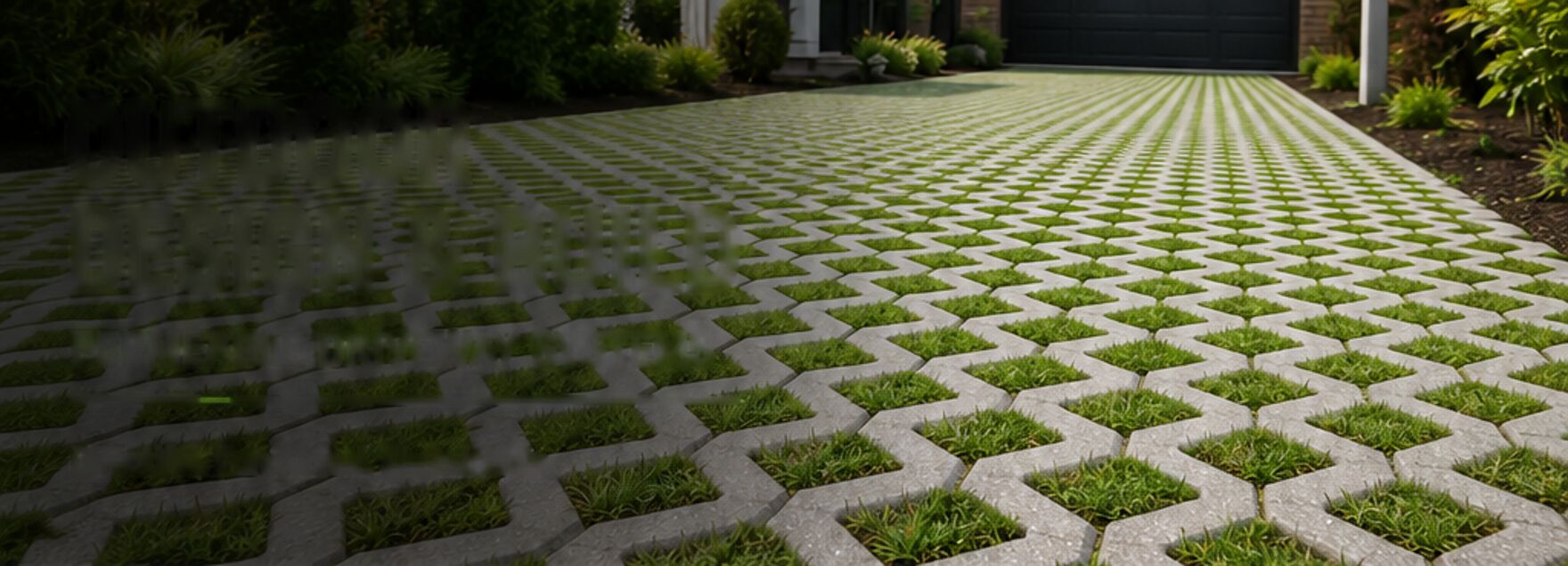 A permeable turf-cell driveway running up to a garage, with grass growing through open concrete cells.