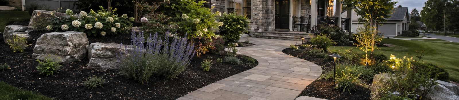 A front walk at dusk edged with boulders, hydrangeas and perennials, lit by path lights.
